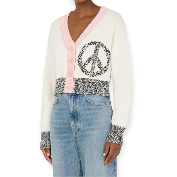 Moschino Jeans Contrast Peace Symbol Intarsia Cotton and Nylon Cardigan Size XS - Picture 2 of 12
